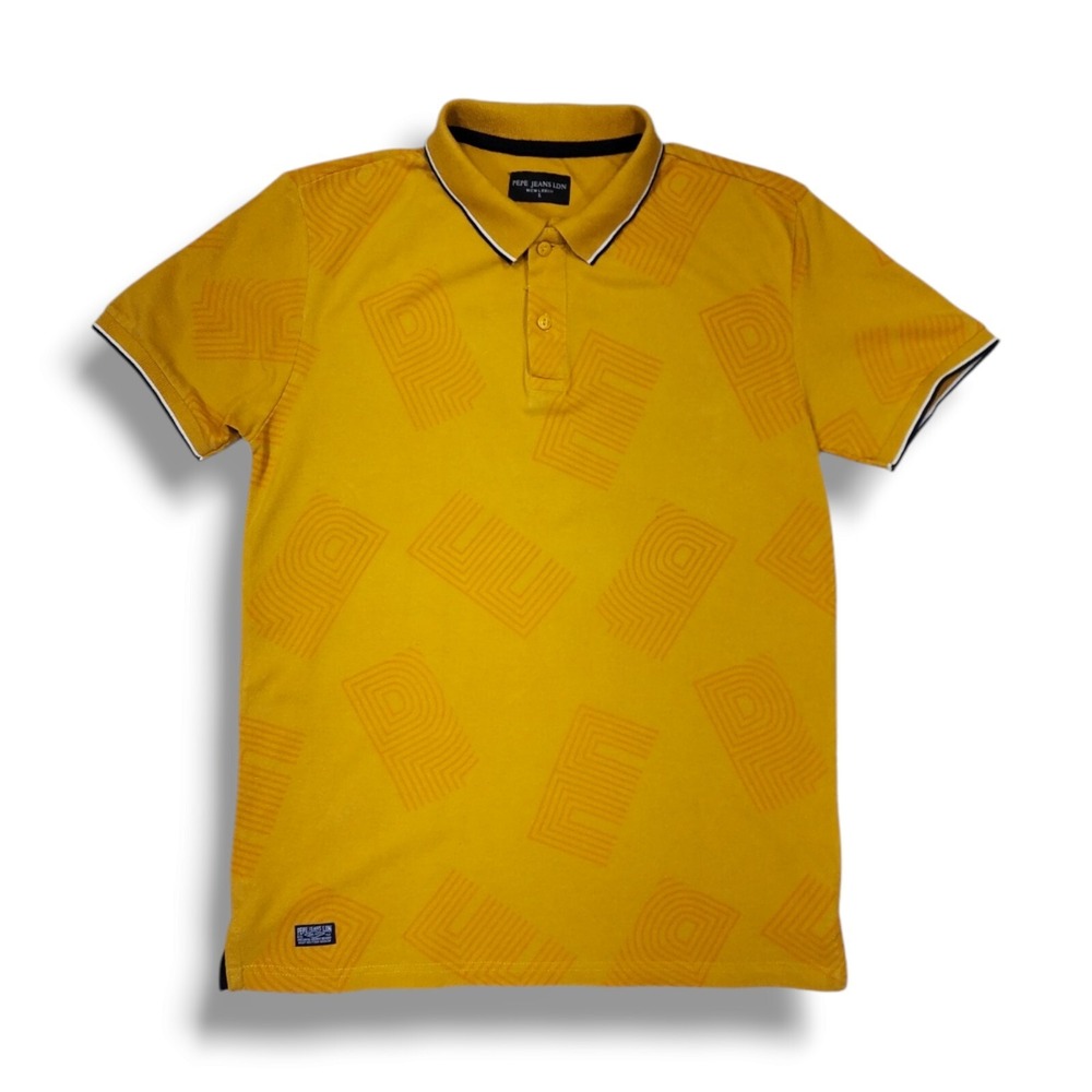 Vintage Pepe Jeans Mustard Yellow Printed "PEPE" Polo Men's Size Small